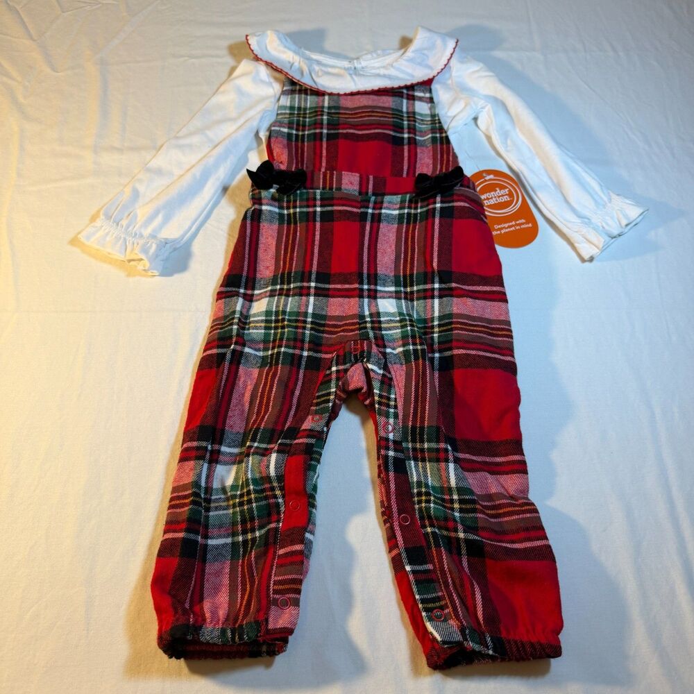 12M Wonder Nation Holiday Plaid Overalls Jumpsuit Girls Red Flannel Christmas